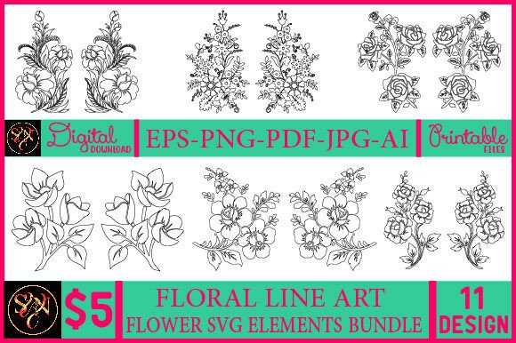 Floral Line Art Flower SVG Elements Bund