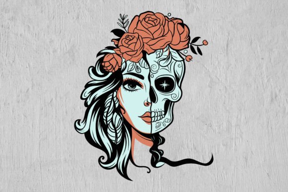 Skull Half Woman with Flowers SVG Files